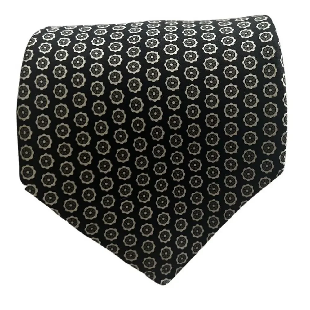 NEW Cromley & Finch Black Green White Geometric Floral Pattern Silk Tie